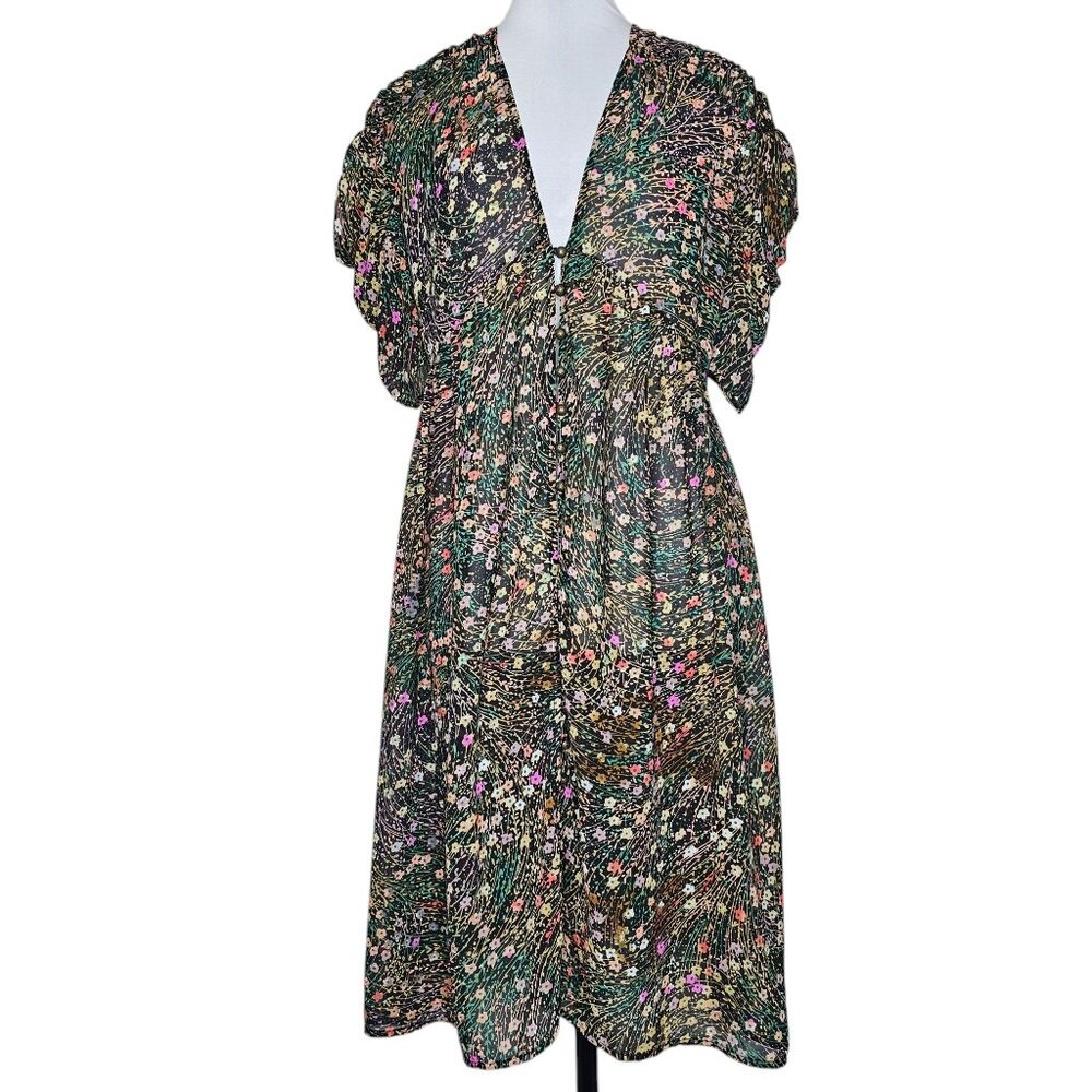 Akemi + Kin XS Sheer Floral Midi Dress Valencia Puff Sleeve Button Boho Chiffon